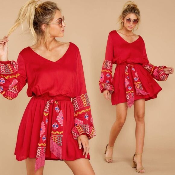 Judith March Womens Red Tie Front Gypsy Embroidered Floral Mini Dress Size M - Picture 1 of 8